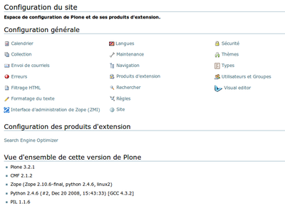 une des pages de Plone avec des actions d'administration